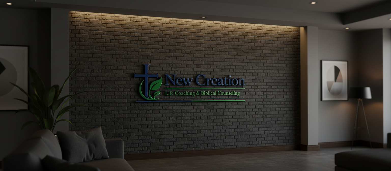 New Creation Life Coaching and Biblical Counseling office lounge with illuminated brick-wall logo
